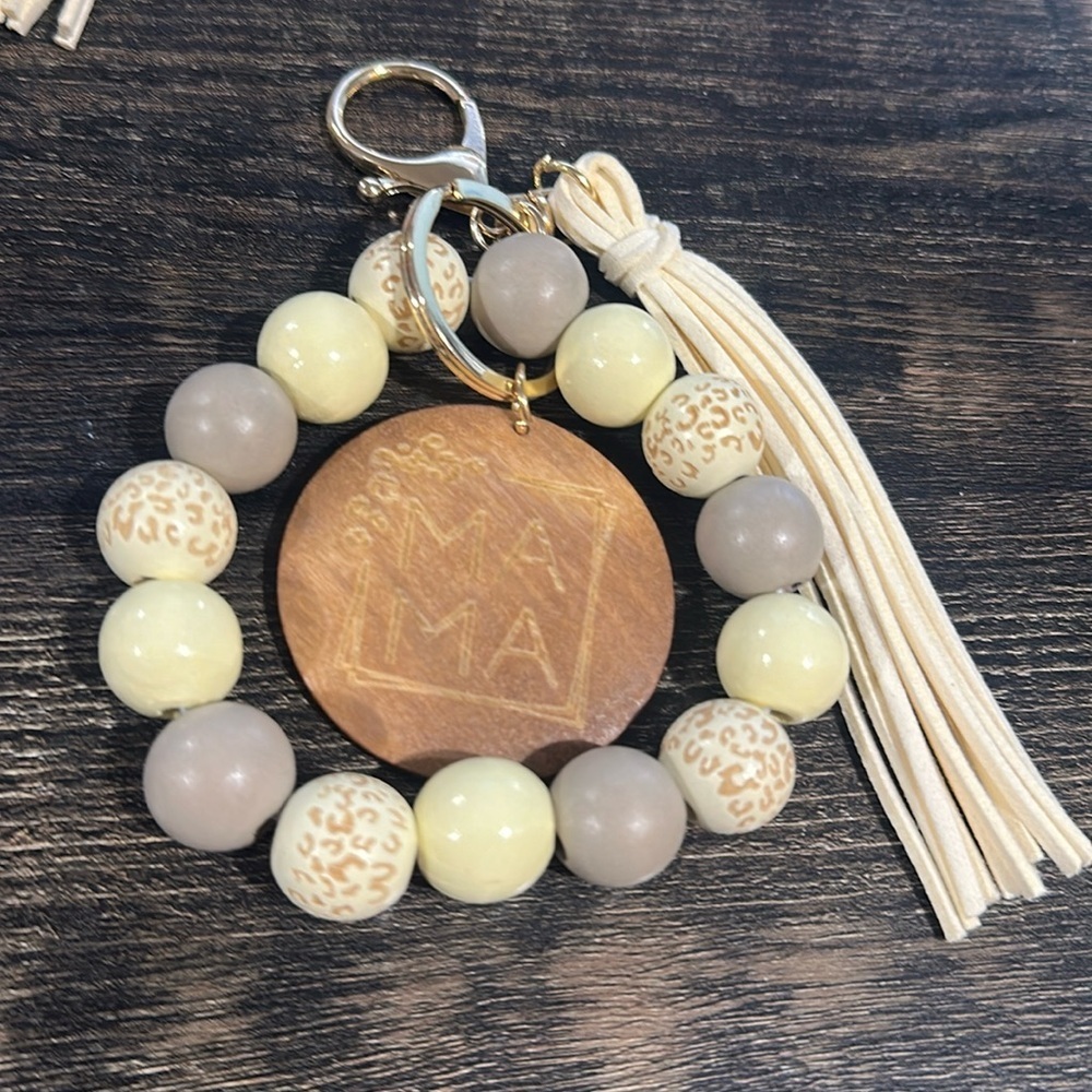 Mama Wooden Beaded Bracelet Keychain with Tassel & Thick Charm Cream & Grey